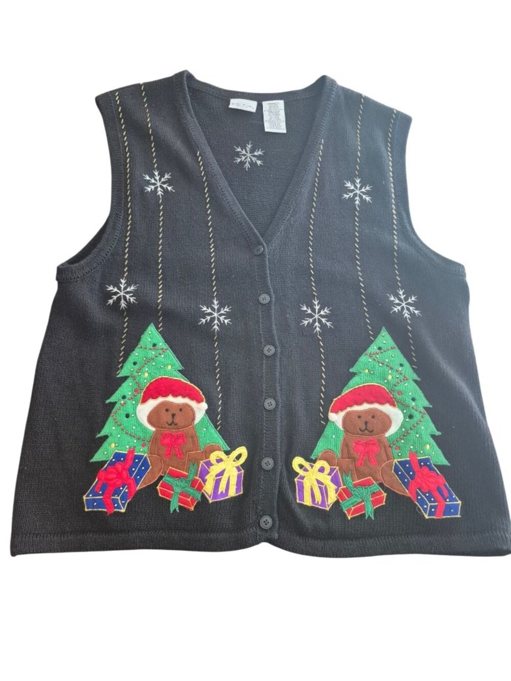 Vintage Bobbie Brooks Ugly Christmas Sweater Vest Black W/ Bears Trees & Gifts S